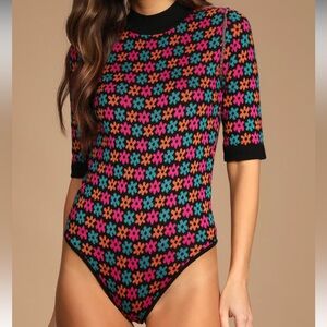 FREE PEOPLE Winter Warmer Black Floral Print Half Sleeve Bodysuit